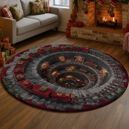 3D Illusion Train Workshop Rug, Spiral Well Staircase Carpet, Christmas Toy Shop Mat, Red Stone Xmas Home Decor Gift Idea