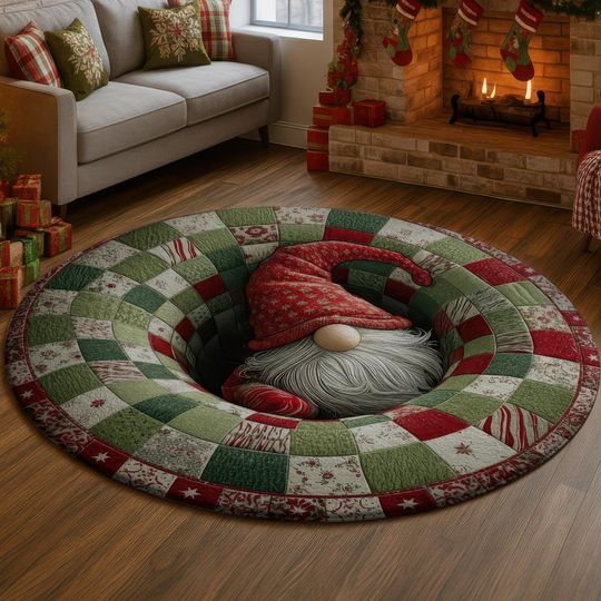 3D Illusion Quilt Gnome Rug, Patchwork Spiral Carpet, Red Green Holiday Mat, Cozy Christmas Home Decor, Unique Xmas Gift Idea
