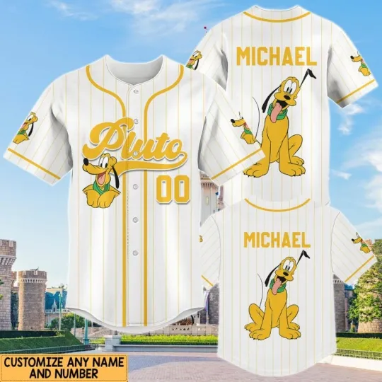 Discover Personalized Cute Pluto Mickey Mouse Dog Yellow Striped Baseball Jersey Shirt