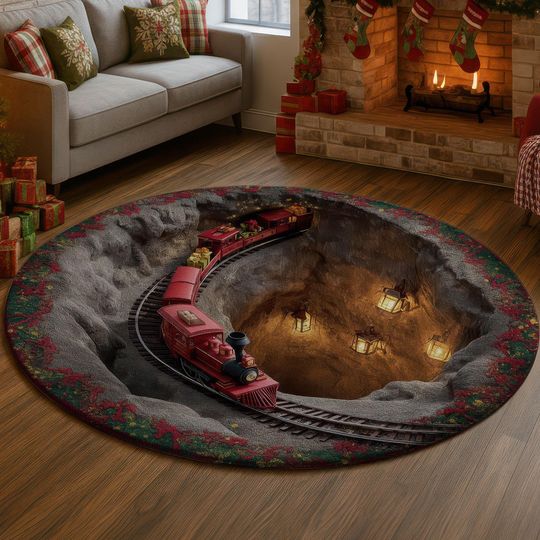 3D Illusion Christmas Train Rug, Cave Abyss Design, Red Train with Gifts, Holiday Floor Mat, Festive Xmas Home Decor Gift