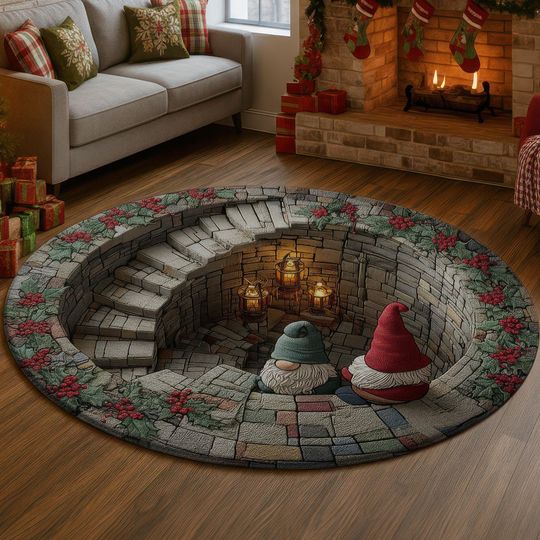 3D Illusion Sitting Gnome Rug, Stone Staircase Well Carpet, Lantern Light Floor Mat, Red Holly Berry Xmas Home Decor