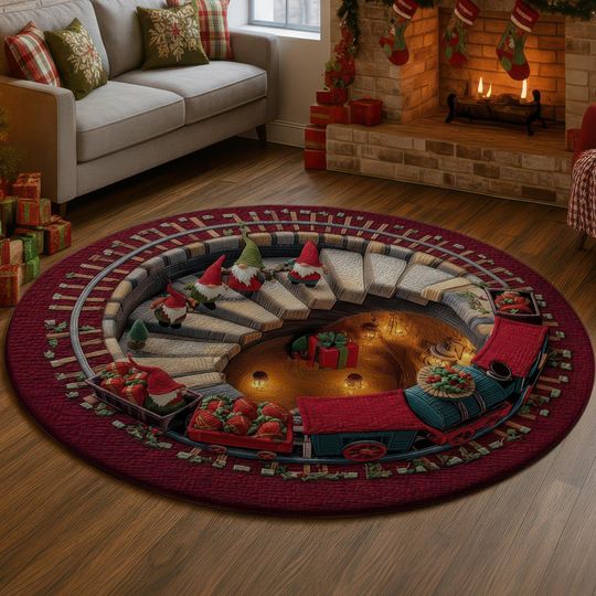 Discover 3D Illusion Gnome Train Rug, Staircase Well Carpet, Christmas Gift Train Decor, Festive Holiday Floor Mat, Red Green Home Gift