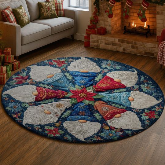 Dark Blue Christmas Gnome Rug, Red Poinsettia Star Round Mat, Cozy Floral Winter Floor Carpet, Festive Holiday Dwarf Home Decor,