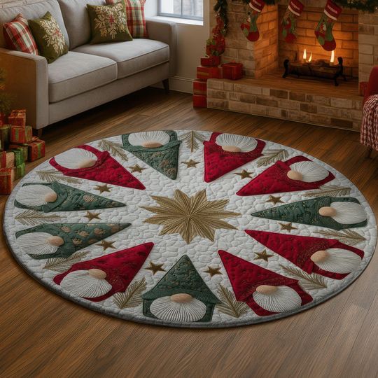 Christmas Quilted Gnome Rug, Red and Green Star Round Mat, Folk Art Holiday Floor Carpet, Cozy Xmas Dwarf Home Decor, White Area Rug