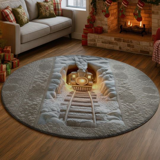 Discover 3D Illusion Train Rug, Winter Snow Tunnel Carpet, Polar Express Style Floor Mat, Cozy Beige Round Mat, Unique Christmas Home Decor