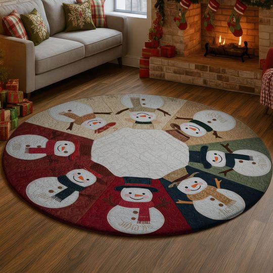 Christmas Snowman Circle Rug, Patchwork Winter Floor Mat, Red Green Beige Cozy Carpet, Holiday Snow People Round Decor, Xmas Home Area Rug