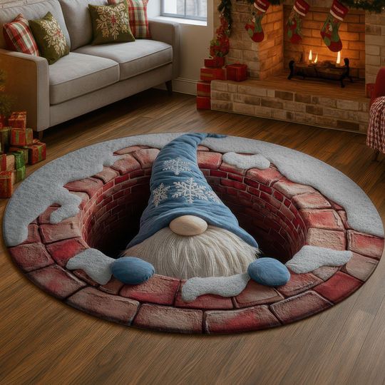 3D Illusion Christmas Gnome Rug, Blue Snowflake Hat Floor Mat, Red Brick Chimney Round Carpet, White Snow Winter Home Decor, Cozy Xmas