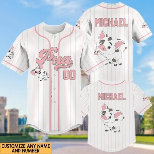 Discover Personalized Cute Pua Pig Moana Cartoon Piggy Pink Striped Baseball Jersey Shirt