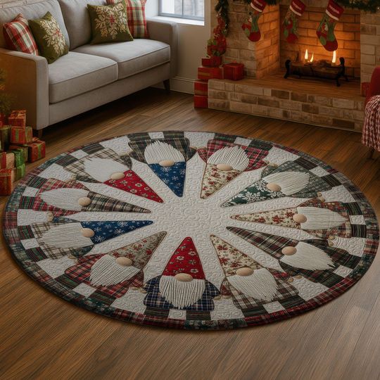 Christmas Gnome Rug, Red Green Tartan Round Mat, Folk Art Holiday Floor Carpet, Cozy Rustic Xmas Dwarf Home Decor,