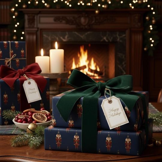 Elegant Nutcracker Christmas Wrapping Paper Luxury Navy & Red Gift Wrap, Classic Heritage Decor