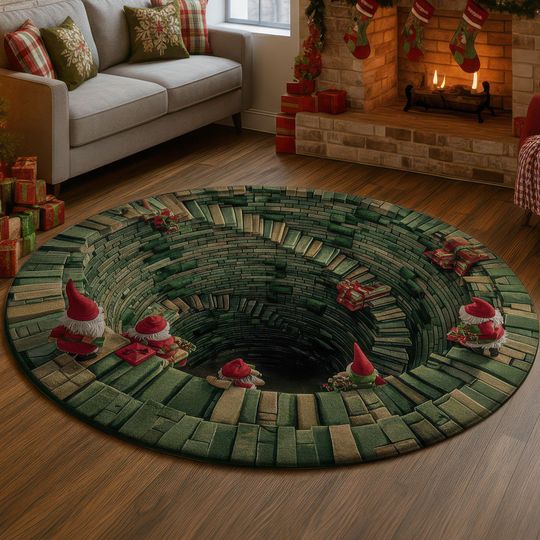 Discover 3D Gnome Well Rug, Christmas Illusion Carpet, Red and Green Elf Floor Mat, Deep Hole Spiral Staircase Decor, Unique Xmas Gift Area Rug