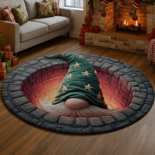 Discover 3D Illusion Wizard Gnome Rug, Green Hat Fantasy Floor Mat, Magical Stone Well Carpet, Dark Red Gold Accent Home Decor, Unique Gift Area Rug