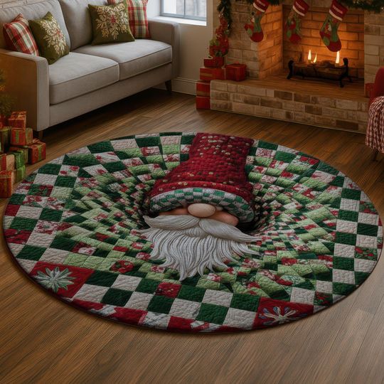Discover 3D Gnome Quilt Vortex Rug, Red Hat Patchwork Carpet, Christmas Checkered Floor Mat, Festive Holiday Home Decor, Quilted Santa Gift Idea