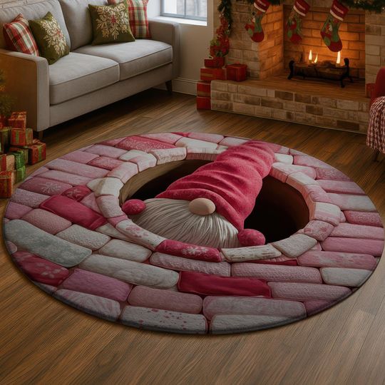Discover 3D Pink Gnome Emerging Rug, Red Hat Knit Round Carpet, Whimsical Brick Wall Floor Mat, Cozy Pastel Nursery Decor, Gift for Fantasy Lover