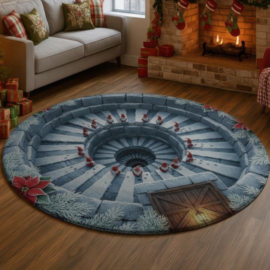 Discover 3D Gnome Spiral Staircase Rug, Winter Castle Carpet, Magical Christmas Floor Mat, Holiday Poinsettia Home Decor, Cozy Dwarf Gift Idea
