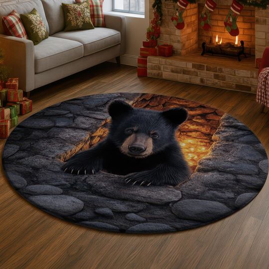 Discover 3D Black Bear Cub Rug, Wildlife Cave Opening Carpet, Cozy Cabin Floor Mat, Fire Glow Warm Stone Den Decor, Rustic Animal Art Gift