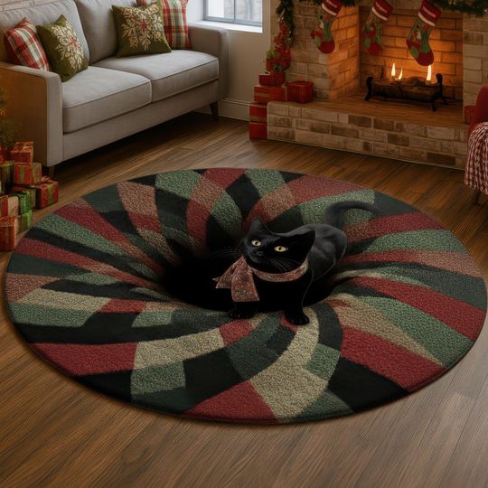 Discover 3D Black Cat Round Rug, Swirling Vortex Carpet, Retro Red Green Floor Mat, Hypnotic Animal Lover Home Decor, Abstract Optical Art Gift