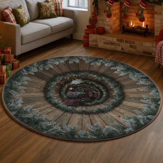 Discover 3D Christmas Train Rug, Snowy Wood Tunnel Carpet, Festive Holiday Floor Mat, Glowing Vintage Steam Engine Home Decor, Winter Decor Gift