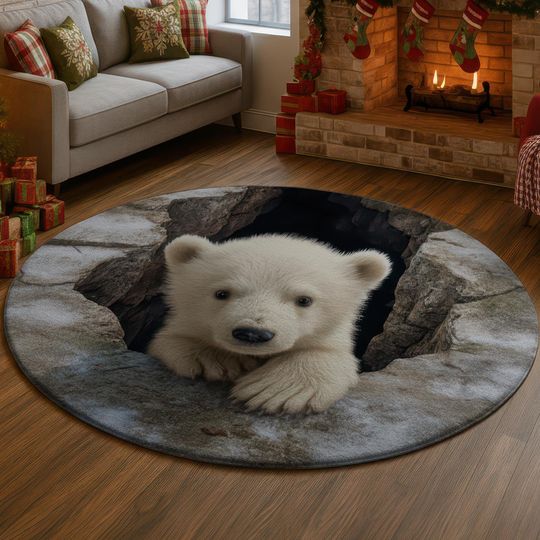 Discover 3D Polar Bear Cub Rug, White Animal Round Carpet, Icy Rock Den Floor Mat, Winter Wonderland Nursery Decor, Arctic Wildlife Art Gift