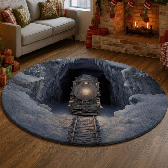 3D Polar Express Style Train Rug, Snowy Ice Cave Carpet, Winter Holiday Floor Mat, Bright Light Tunnel Decor, Cozy Christmas Gift Idea