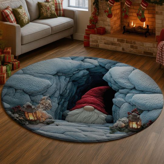 Discover 3D Giant Gnome Rug, Blue Snow Cave Carpet, Festive Red Hat Gnome Floor Mat, Snowy Winter Holiday Home Decor, Unique Gift Idea
