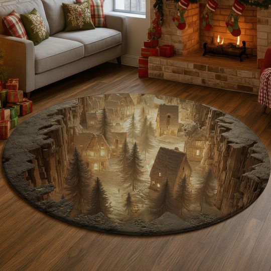 3D Christmas Town Rug, Tall Houses Winter Village Carpet, Glowing Light Holiday Floor Mat, Rustic Brown Xmas Home Decor Gift Idea