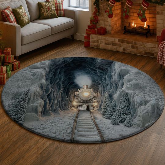 3D Christmas Train Rug, Snowy Mountain Pass Carpet, Winter Wonderland Floor Mat, Steam Locomotive Xmas Home Decor, Holiday Gift Idea