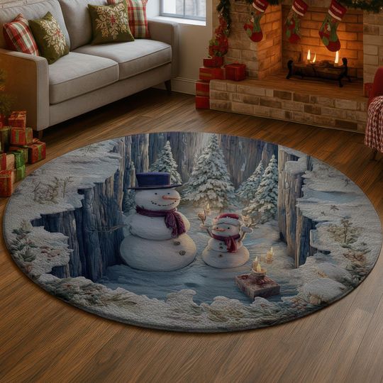 3D Snowman Family Rug, Cozy Winter Scene Carpet, Festive Holiday Snow Person Floor Mat, Wood Cabin Xmas Home Decor Gift Idea
