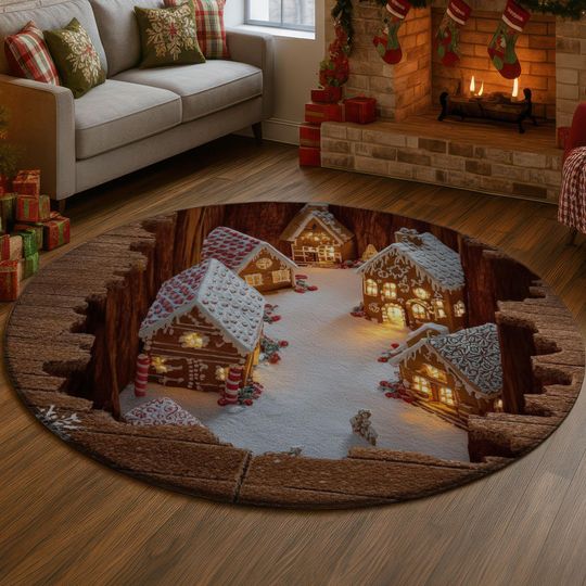 3D Gingerbread Village Rug, Festive Cookies Town Carpet, Cozy Illuminated Xmas Floor Mat, Winter Holiday Home Decor Gift Idea