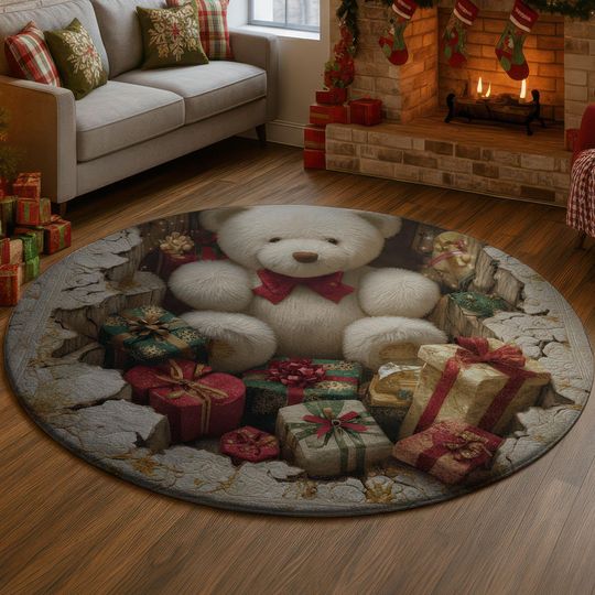 3D Teddy Bear Rug, Christmas Present Pile Carpet, Festive Red Bow Floor Mat, Cozy Holiday Gift Box Xmas Home Decor, Unique Gift