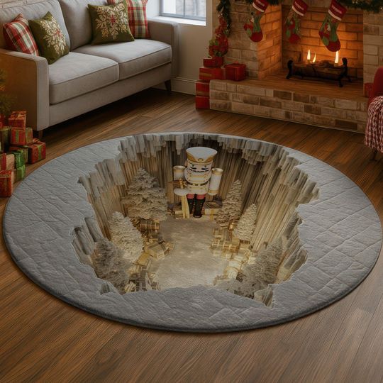 3D Illusion Nutcracker Rug, Festive Christmas Soldier Carpet, Beige Gold Wood Xmas Home Decor, Winter Holiday Floor Mat, Unique Gift