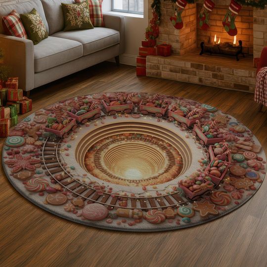 Discover Candy Train 3D Illusion Rug, Sweet Christmas Hole Carpet, Holiday Decor Mat, Festive Candyland Home Rug, Cute Xmas Gift Idea