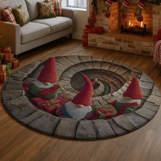 Discover 3D Christmas Gnome Illusion Rug, Holiday Elf Stone Well Carpet, Festive Red Hat Green Gift Floor Mat, Cozy Xmas Decor Round Kids Rug