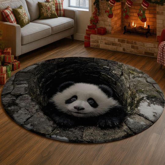 Discover 3D Cute Panda Bear Illusion Rug, Black and White Animal Well Carpet, Stone Hole Nursery Floor Mat, Unique Wildlife Home Decor Gift