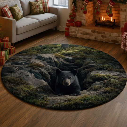 Discover 3D Black Bear Cub Illusion Rug, Forest Mossy Rock Cave Carpet, Wildlife Den Nursery Floor Mat, Nature Lover Woodland Home Decor