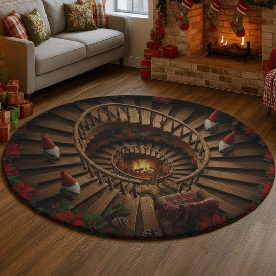 3D Spiral Staircase Rug, Christmas Gnome Illusion Mat, Rustic Cabin Stair Carpet, Holiday Poinsettia Xmas Floor Decor, Cozy Winter Home
