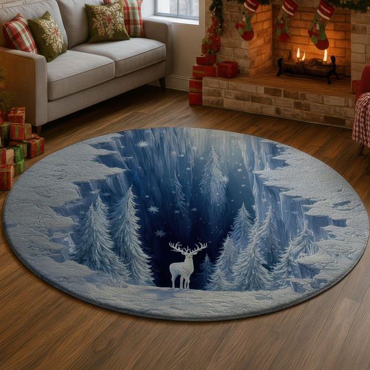 Discover 3D White Stag Winter Forest Illusion Rug, Snowy Blue Ice Canyon Carpet, Nature Deer Animal Home Decor Round Floor Mat Xmas Gift