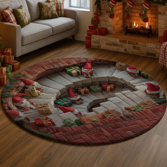 3D Gnomes Gifts Spiral Staircase Illusion Rug, Holiday Elf Presents Carpet, Festive Red Brick Home Decor Round Floor Mat Xmas Gift