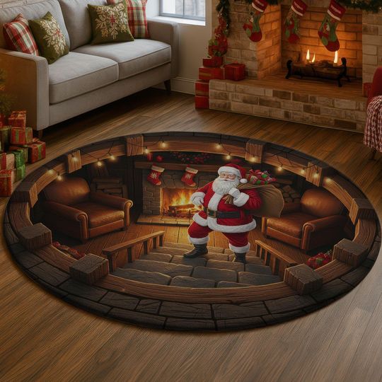 3D Santa Claus Illusion Rug, Cozy Christmas Cabin Fireplace Carpet, Holiday Home Decor Round Floor Mat, Festive Living Room Xmas Gift