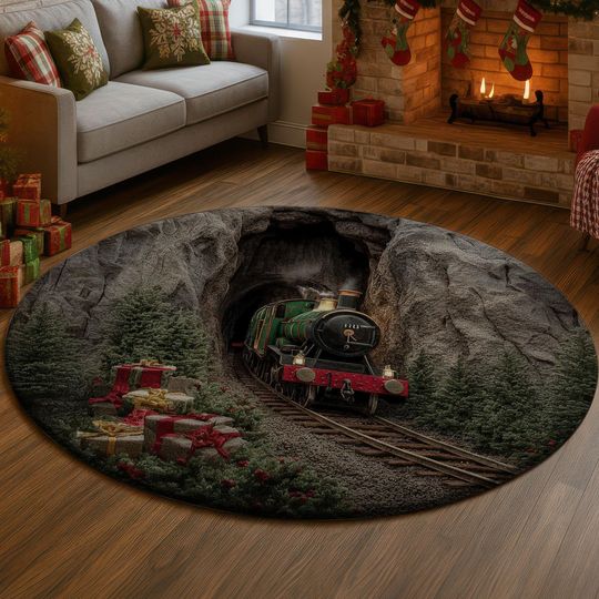 3D Christmas Train Illusion Rug, Steam Engine Tunnel Carpet, Holiday Green Red Gifts Floor Mat, Cozy Xmas Home Decor for Kids Room