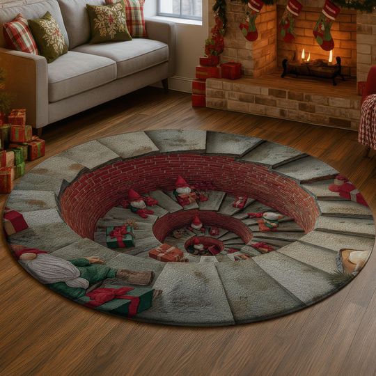 3D Christmas Gnomes Spiral Staircase Rug, Holiday Elf Presents Illusion Carpet, Festive Red Brick Well Floor Mat, Cozy Xmas Decor