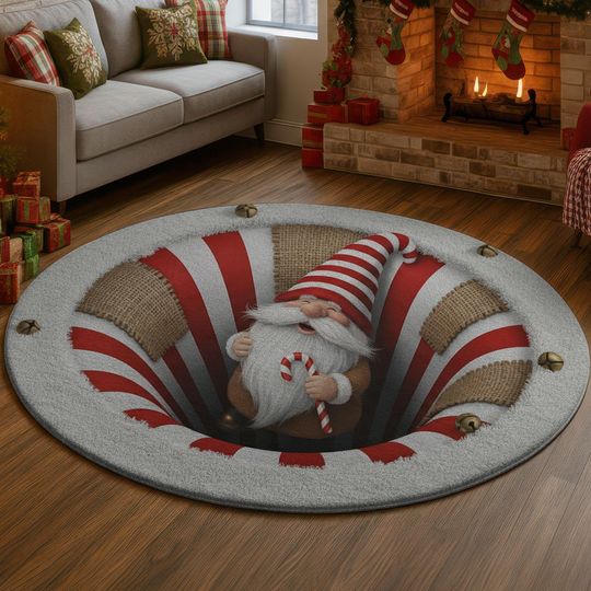 Discover 3D Candy Cane Gnome Pit Rug, Red White Stripe Illusion Carpet, Jolly Santa Elf Floor Mat, Festive Holiday Home Decor, Unique Gift