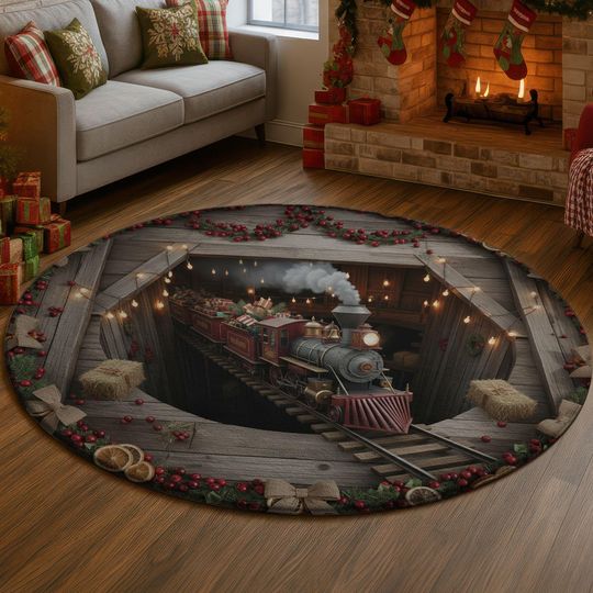 Discover 3D Christmas Train Rug, Rustic Wood Illusion Carpet, Holiday Gift Box Floor Mat, Glowing Lights Winter Home Decor, Festive Xmas Gift Idea