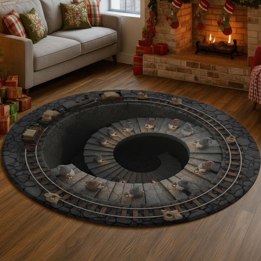 Discover 3D Mine Shaft Gnomes Rug, Stone Staircase Illusion Carpet, Vintage Lantern Floor Mat, Dwarven Spiral Well Decor, Unique Christmas Gift