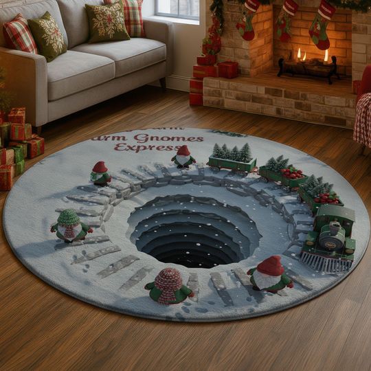 3D Farm Gnomes Express Rug, Snowy Well Illusion Carpet, Christmas Tree Train Floor Mat, Winter Holiday Home Decor, Festive Xmas Gift