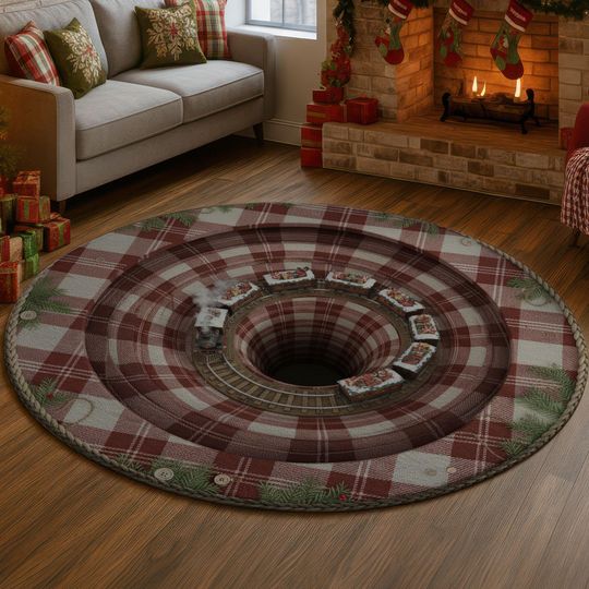 3D Christmas Train Rug, Buffalo Plaid Illusion Carpet, Red Brown Xmas Tunnel Floor Mat, Rustic Festive Holiday Home Decor, Farmhouse Gift