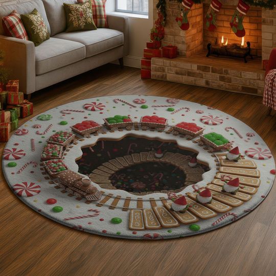 3D Gingerbread Candy Rug, Gnome Express Illusion Carpet, Christmas Cookie Floor Mat, Sweet Xmas Holiday Home Decor, Candy Land Gift