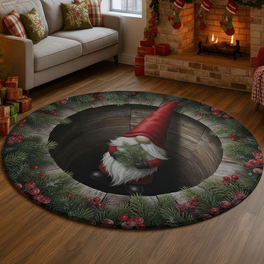 3D Christmas Gnome Rug, Pine Holly Illusion Carpet, Rustic Wood Well Floor Mat, Deep Red Winter Holiday Home Decor, Cabin Style Xmas Gift