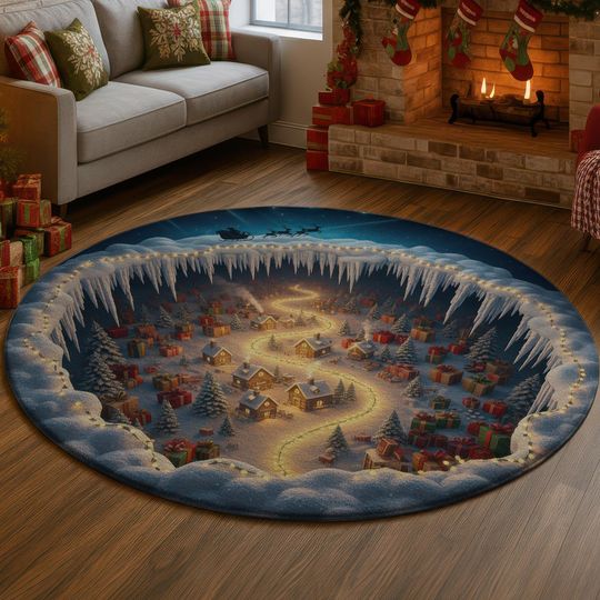 Discover Santa Sleigh 3D Illusion Rug, Christmas Village Hole Carpet, Snowy Winter Wonderland Mat, Cozy Holiday Decor, Festive Gift Idea Santa