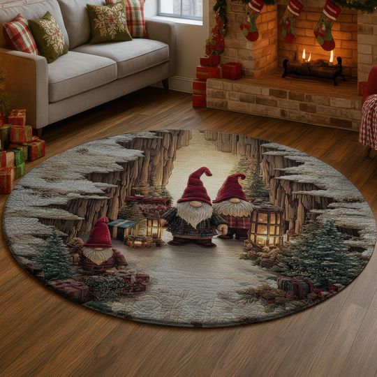 3D Christmas Gnomes Rug, Snowy Winter Forest Illusion Carpet, Holiday Festive Gnome Trio Floor Mat, Cozy Xmas Home Decor, Unique Gift Idea